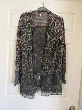 Free People Boho Mixed Material Pattern Long Sleeve Cardigan Topper Size  Small